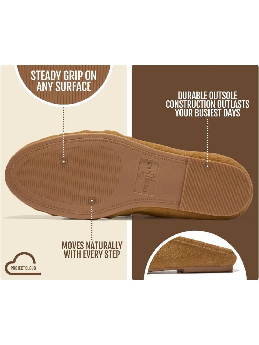 Women's Tan Suede Memory Foam Insole Flats-Lightweight Loafers & Slip-ons Shoes - Picture 6 of 6